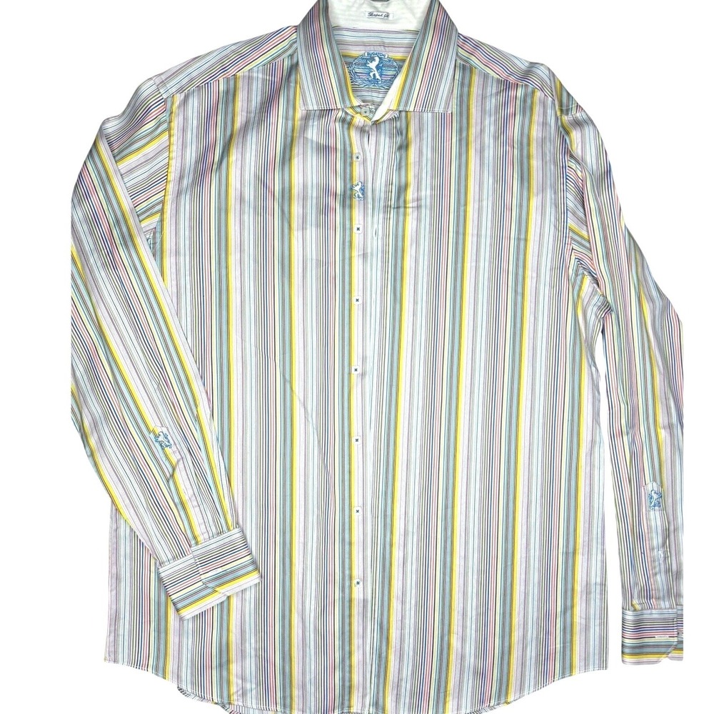 BUGATCHI Uomo Mens XXL Shaped Fit Multi Color Striped Cotton Button Down Shirt